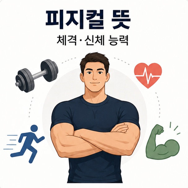건장한 체격의 사람과 운동 아이콘으로 체격과 신체 능력을 의미하는 피지컬 뜻을 설명한 이미지