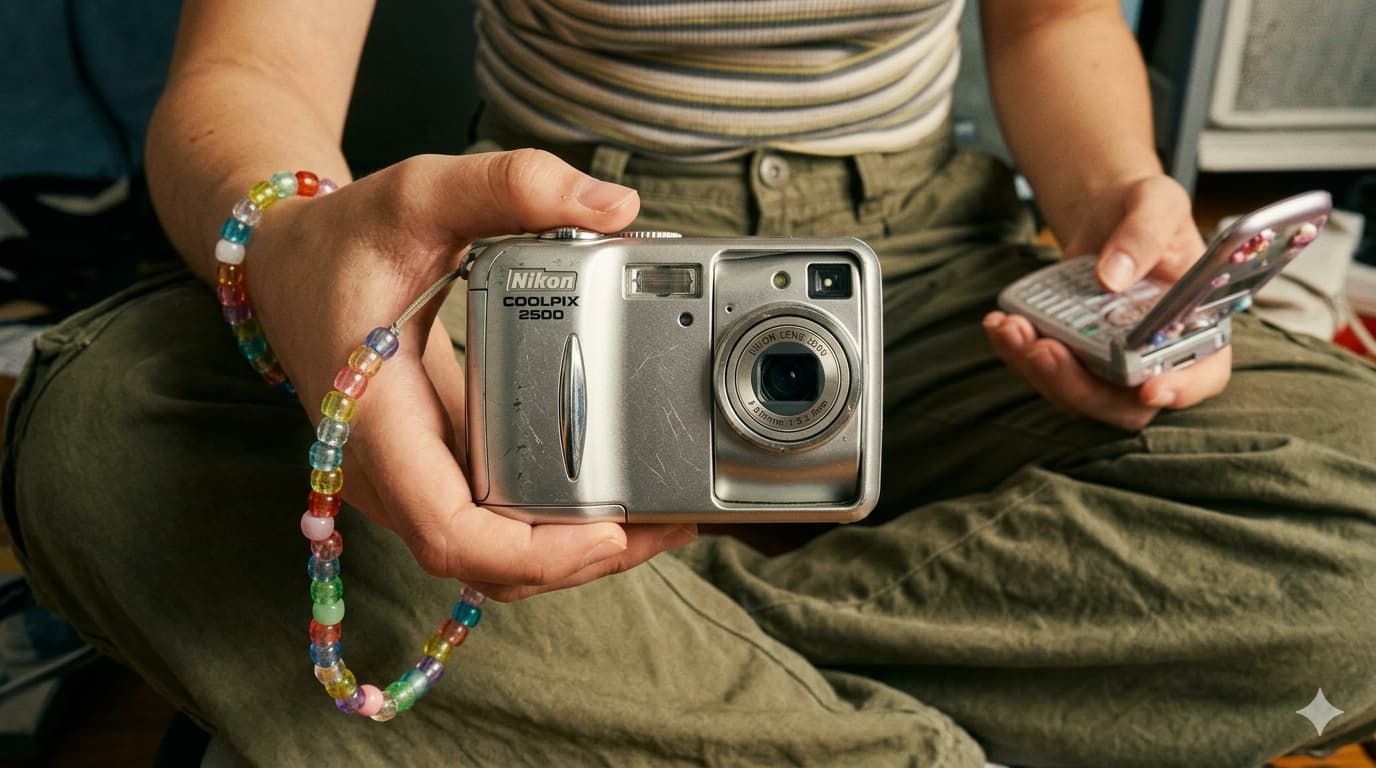 회전형 스위블 렌즈가 특징인 실버 니콘 쿨픽스 2500 빈티지 디카를 들고 있는 손과 Y2K 비즈 스트랩 소품 컨셉 사진