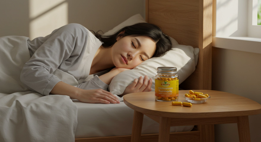 숙면 중인 한국인 여성의 머리맡에 놓인 커큐민 보충제
