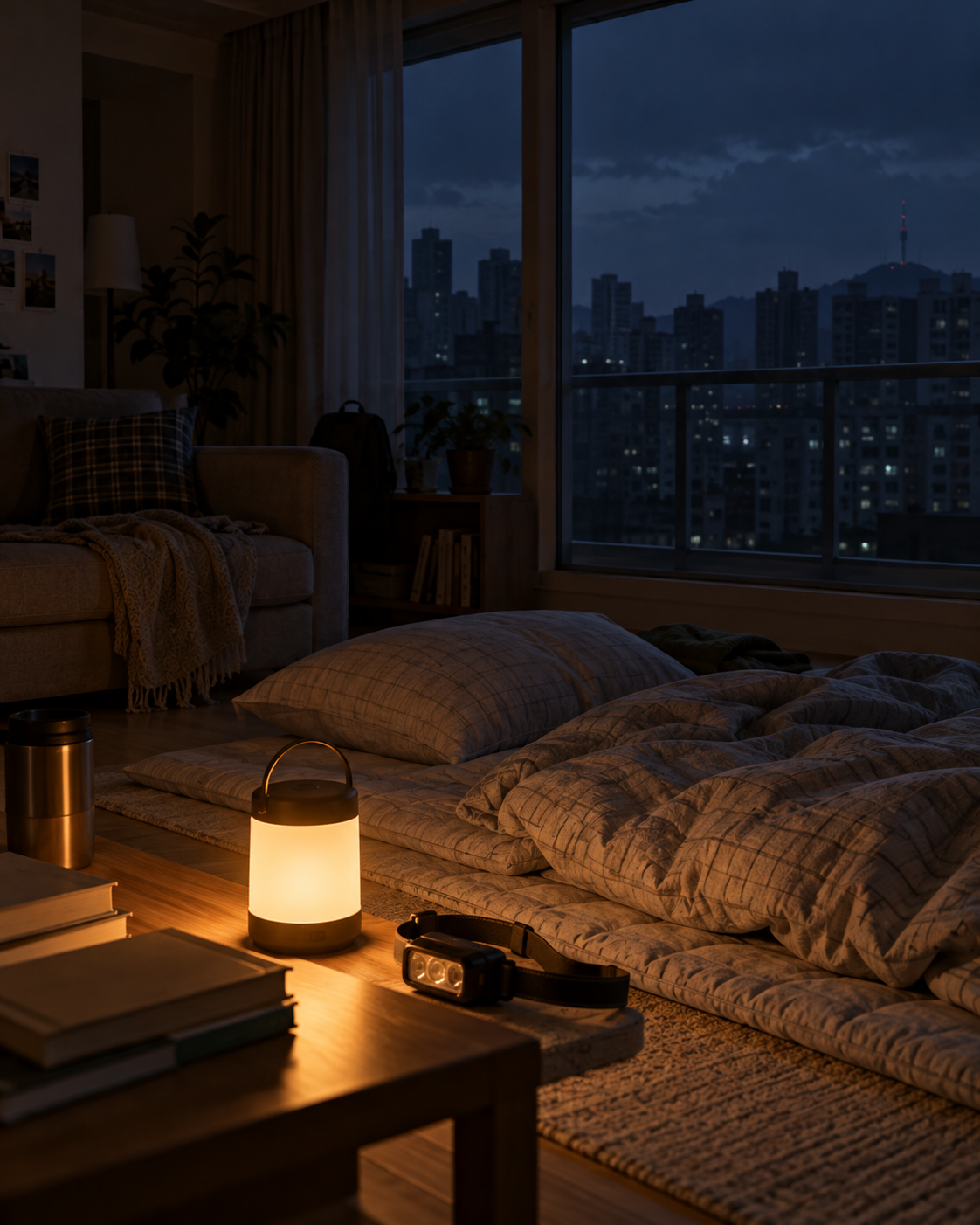 A small warm LED lantern illuminates a headlamp and neatly arranged bedding inside a dark Korean apartment during a nighttime power outage. Through the large window, a dimly lit city skyline contrasts with the soft amber light of the lantern, showing a limited area prepared for rest without electricity.