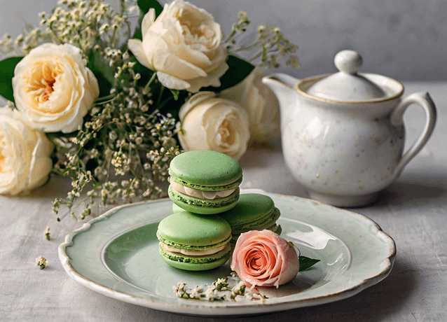 하얀 접시에 녹색 마카롱 4개가 있고 주변엔 하얀 도자기 커피주전자와 하얀 장미꽃다발이 있다.