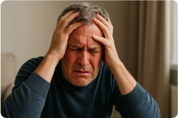 극심한 두통으로 머리를 감싸쥔 중년 남성의 고통스러운 모습