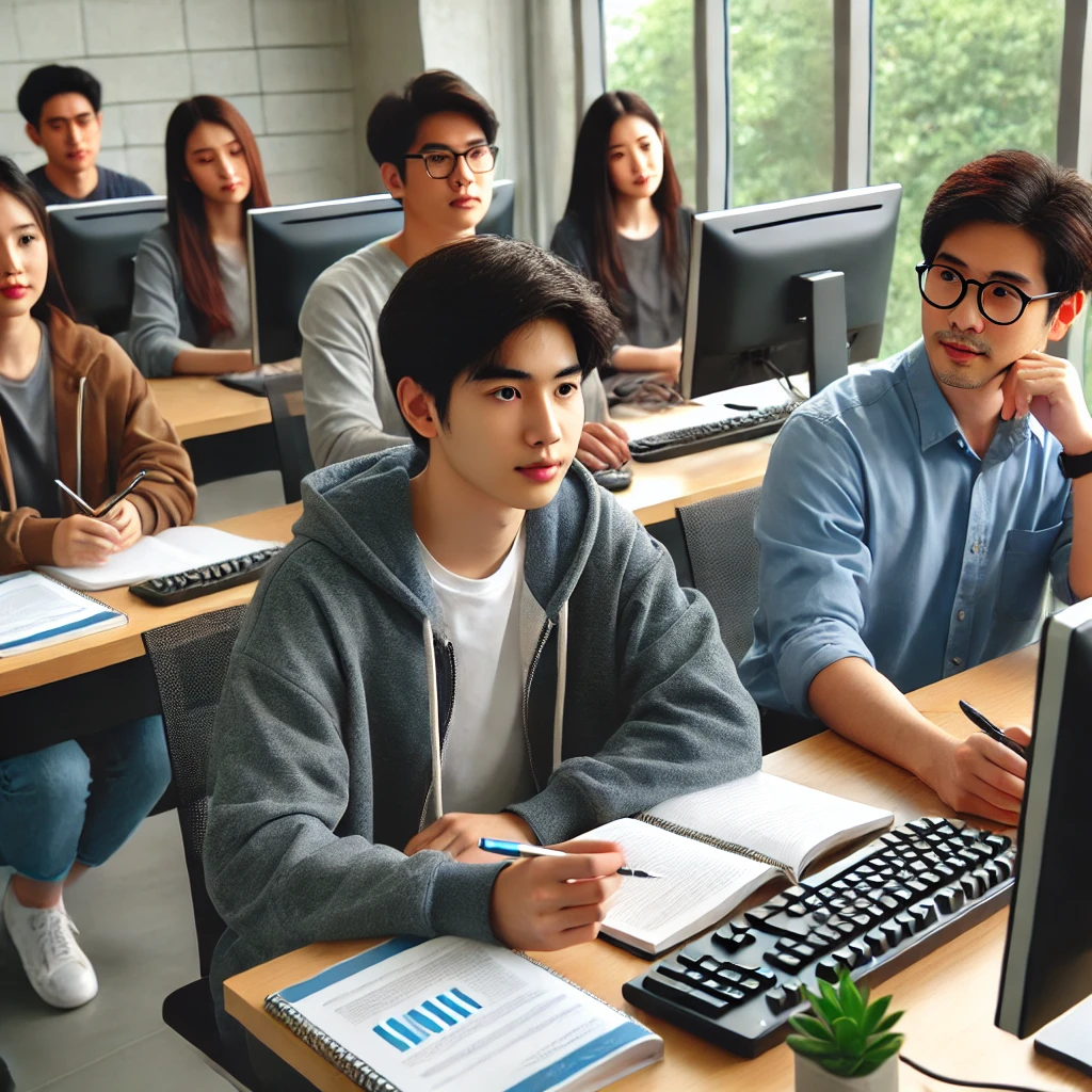 학생 그룹이 교실에서 컴퓨터를 사용하여 엑셀 및 데이터베이스 관리를 연습하며 메모를 하고, 전문 강사의 지도를 받는 모습