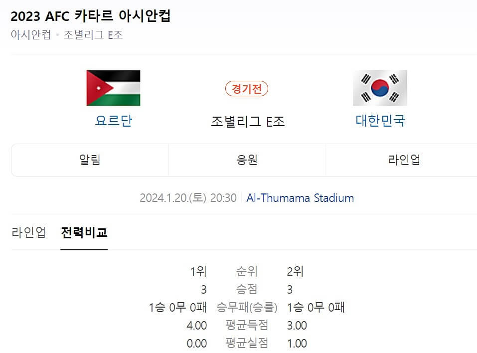 AFC-카타르-아시안컵-조별리그-한국-E조-경기-일정