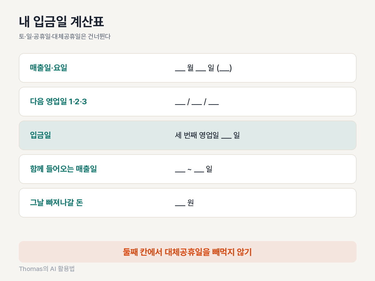 내 매출일을 넣어 입금일과 그날 나갈 돈을 맞춰 보는 빈칸 계산표