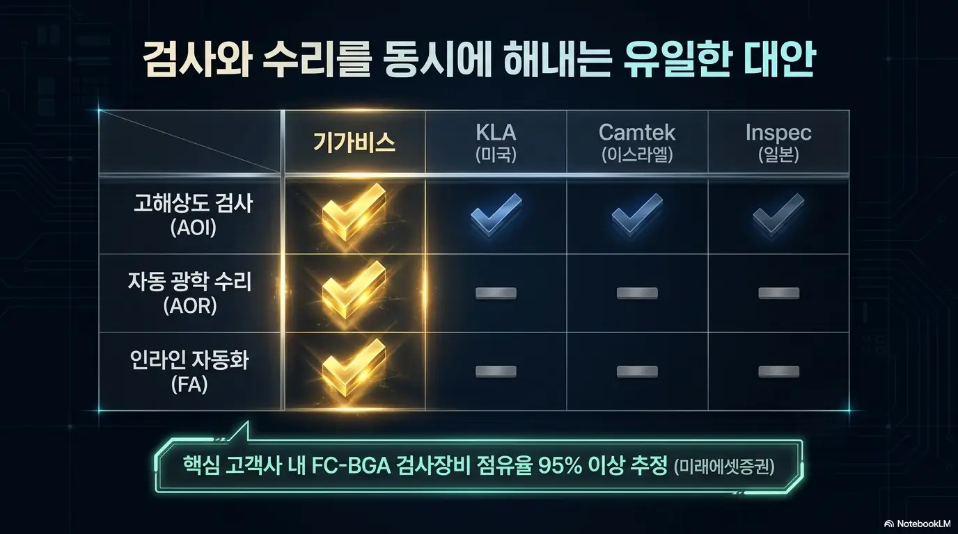 기가비스 주가 전망: 기가비스와 KLA·Camtek·Inspec 경쟁사를 비교한 표 이미지. 고해상도 검사(AOI)는 모두 가능하지만 자동 광학 수리(AOR)와 인라인 자동화(FA)는 기가비스만 충족함을 체크 표시로 보여줍니다. 핵심 고객사 내 FC-BGA 검사장비 점유율 95% 이상 추정을 설명합니다.