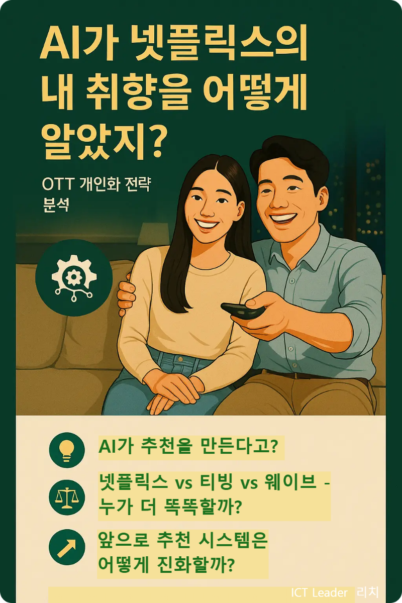 AI가 넷플릭스에서 어떻게 내 취향을 파악하는지 분석한 디지털 일러스트 기반 인포그래픽