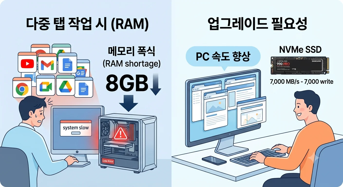 크롬 다중 탭 실행 시 컴퓨터 램 메모리 부족 해결을 위한 RAM SSD 업그레이드 안내