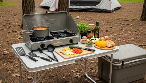 깔끔하게 정돈된 캠핑 주방: 휴대용 버너, 코펠, 식기류, 아이스박스가 놓여있는 모습