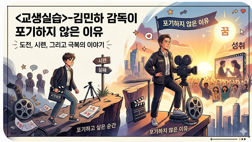 '<교생실습>-김민하 감독이 포기하지 않은 이유'라는 제목과 함께, 감독의 도정과 극복을 시각적으로 나타낸 이미지입니다. 왼쪽에는 어려움과 도전을 극복하려는 듯한 인물과 함께 '포기하고 싶은 순간'이라는 글귀가 있으며, 오른쪽에는 성공과 꿈을 이룬 감독의 모습과 함께 '포기하지 않은 이유'라는 글귀와 '꿈', '성취'라는 키워드가 배치되어 있습니다.