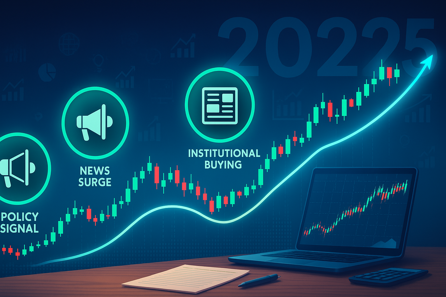 3개의 시그널 아이콘(정책 발표, 뉴스 급증, 세력 매집)의 순차적 등장