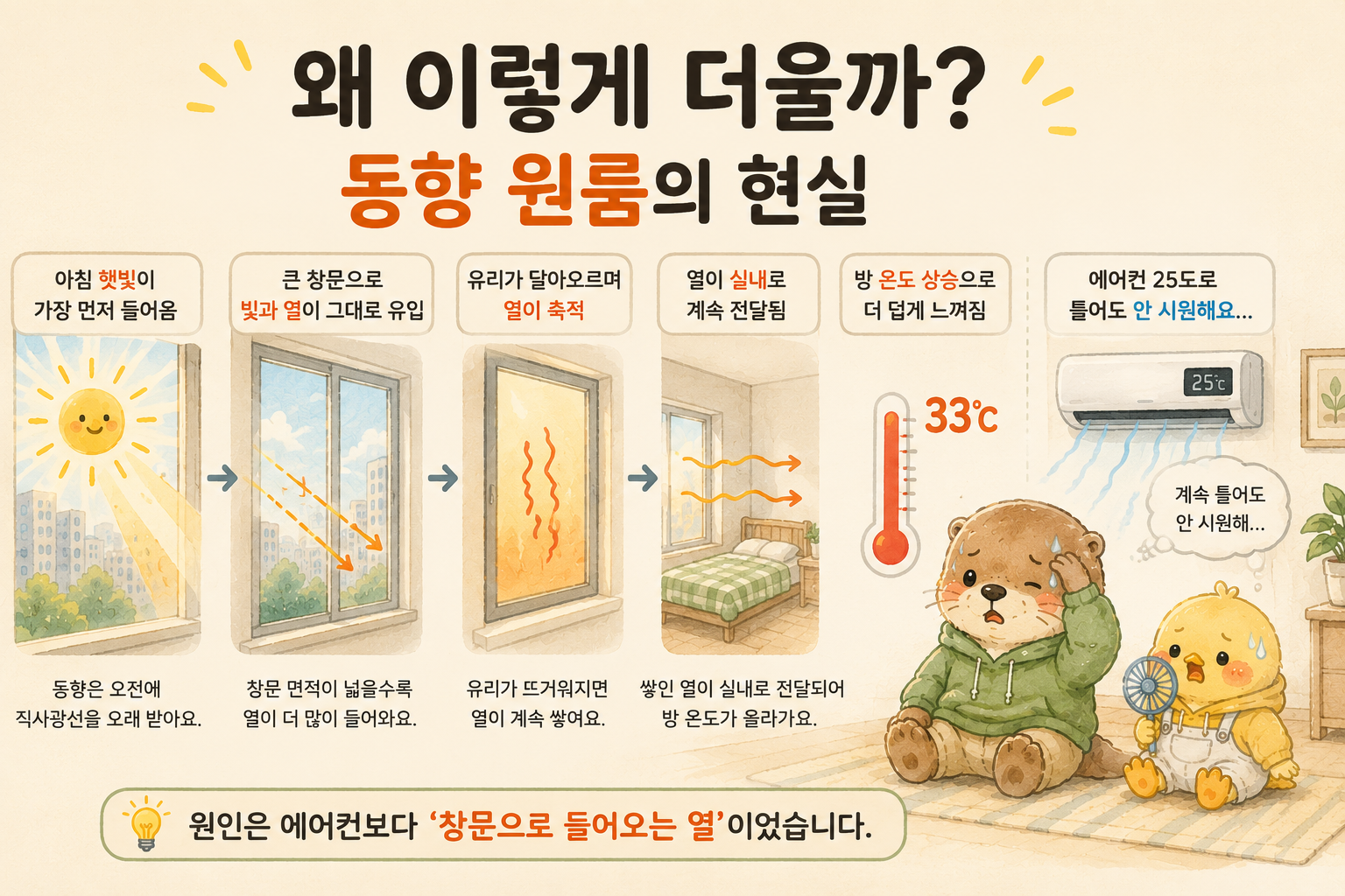 동향 원룸이 여름에 더운 이유와 창문으로 들어오는 열 설명