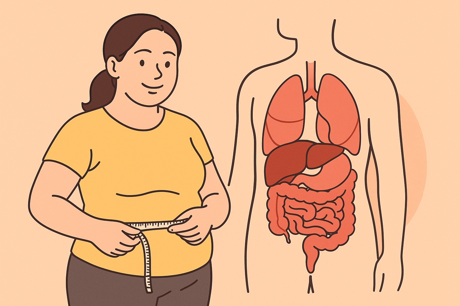 내장비만 상태를 체크하기 위해 복부사이즈를 재고있는 중년여성의 이미지 만화체 그림