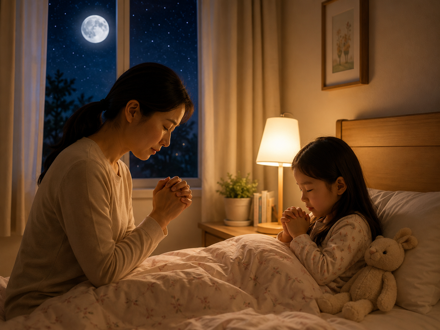 밤하늘의 달과 별이 보이는 창문, 따뜻한 스탠드 불빛 아래 부모가 침대맡에 앉아 잠들기 전 아이와 손을 모아 기도하는 장면으로 그렸습니다 &mdash; "예수님이 가르쳐 주신 기도를 배우고 따라감"을 부모-자녀의 취침 기도로 표현했습니다.
