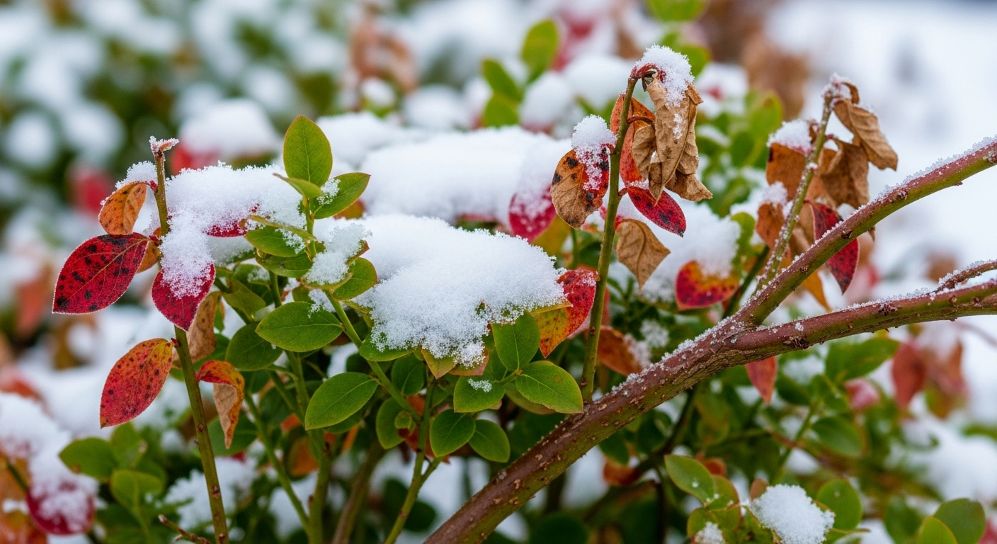 눈이 살짝 덮인 푸른 블루베리 덤불의 클로즈업. 겨울을 준비하는 튼튼한 가지와 마른 잎이 보이며, 내한성을 보여줍니다.