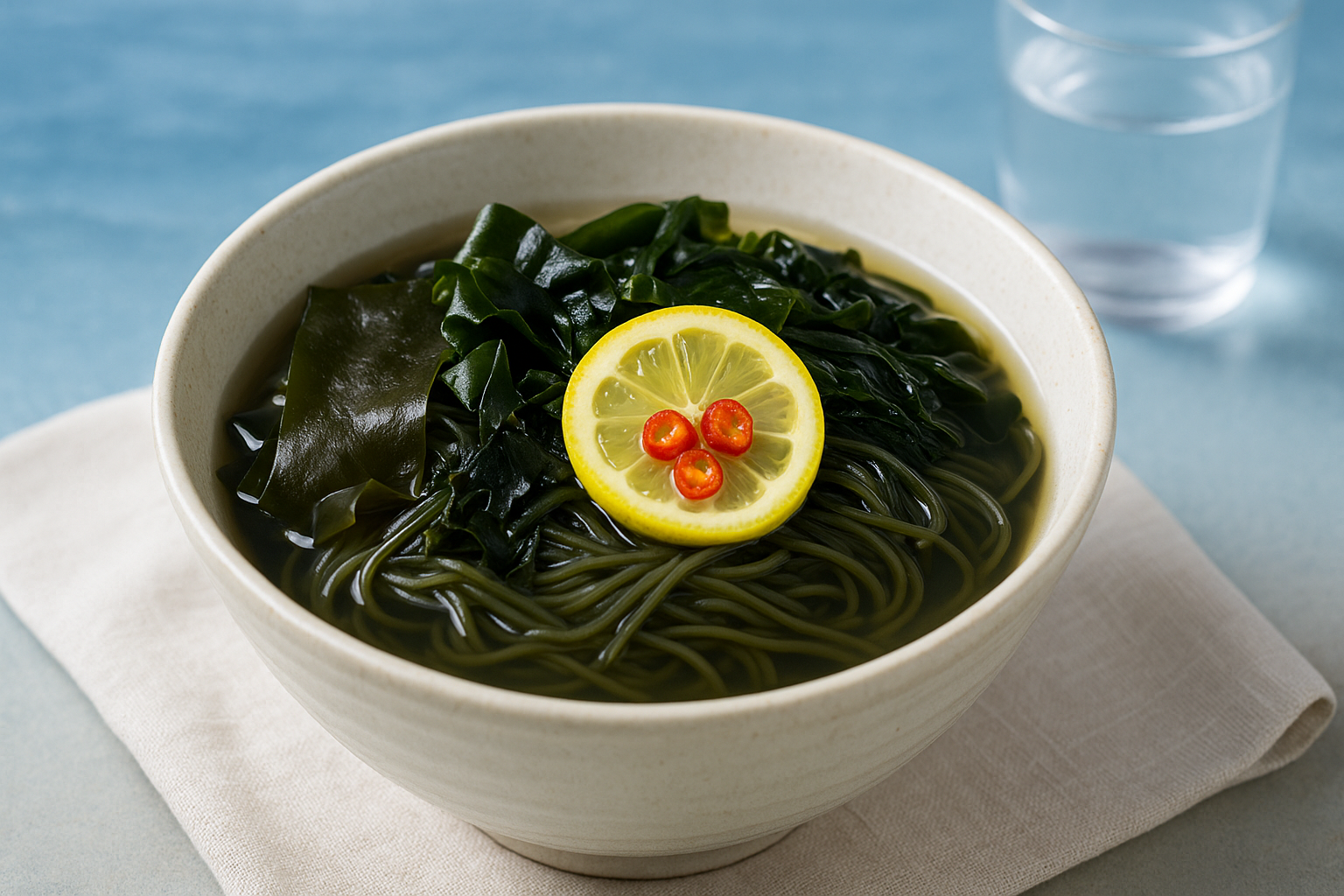 &quot;남해 지역 특산물과 해초국수의 만남&quot;에 대한 이미지입니다.