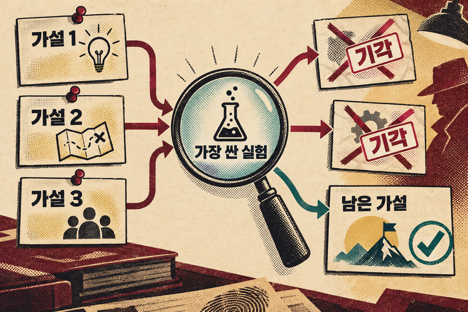 세 가지 가설을 가장 싼 실험으로 검증해 두 개를 기각하고 남은 가설을 찾는 과정