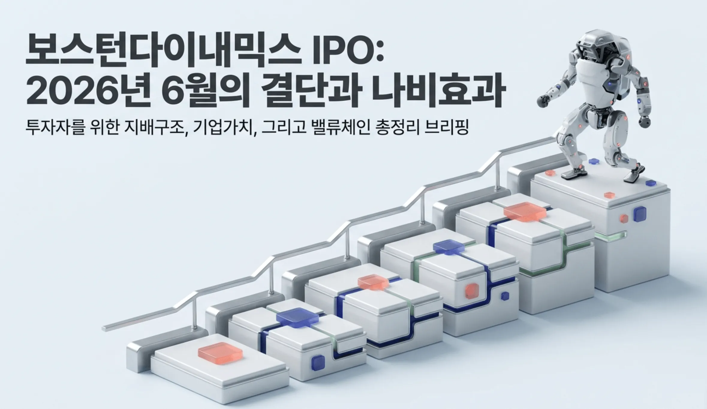 ”보스턴다이내믹스 IPO: 2026년 6월의 결단과 나비효과"라는 제목과 "투자자를 위한 지배구조, 기업가치, 밸류체인 총정리 브리핑" 문구가 담긴 블로그 대표 이미지. 휴머노이드 로봇이 계단을 오르는 모습으로 보스턴다이내믹스 상장과 기업가치 상승, 관련주 밸류체인을 시각적으로 표현하며, 2026년 6월 풋옵션 시한과 나스닥 상장 전망을 다룬 글의 주제를 설명함.