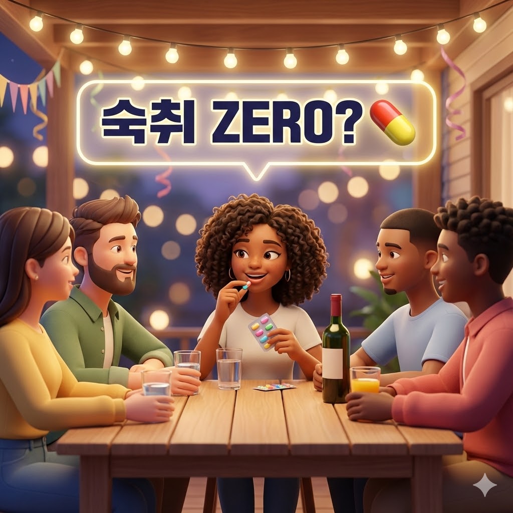 친구들이 모여 즐겁게 술자리를 갖는 모습. 한 명이 숙취해소제를 몰래 챙겨 먹으며 다음 날을 준비하는 3D 카툰 일러스트.
