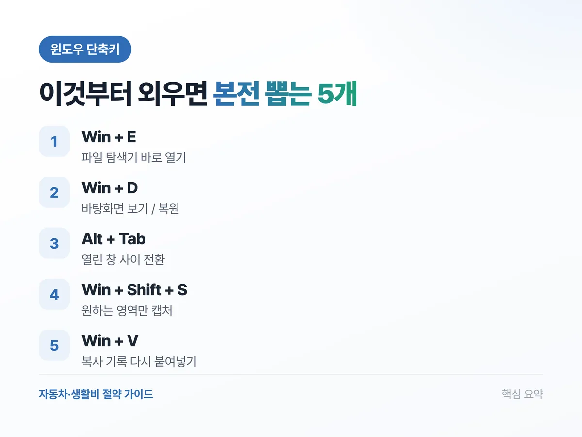 필수 윈도우 단축키 5개 요약 인포그래픽: Win+E, Win+D, Alt+Tab, Win+Shift+S, Win+V