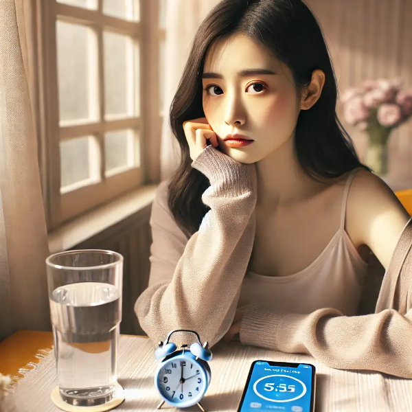 단식 타이머 앱을 보며 이마를 짚고 걱정하는 동양인 젊은 여성