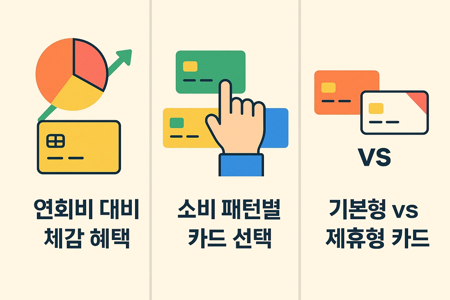 연회비 대비 체감 혜택, 소비 패턴별 카드 선택 기준, 기본형 vs 제휴형 카드의 차이점을 비교한 인포그래픽입니다.