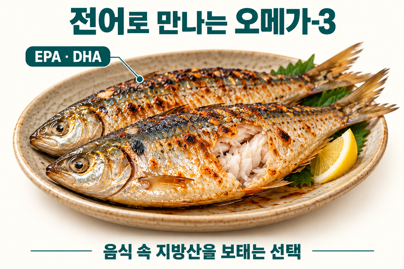 담백하게 구운 전어를 중심으로 EPA&middot;DHA라는 영양 라벨을 연결하고 음식 속 지방산이라는 점을 설명.