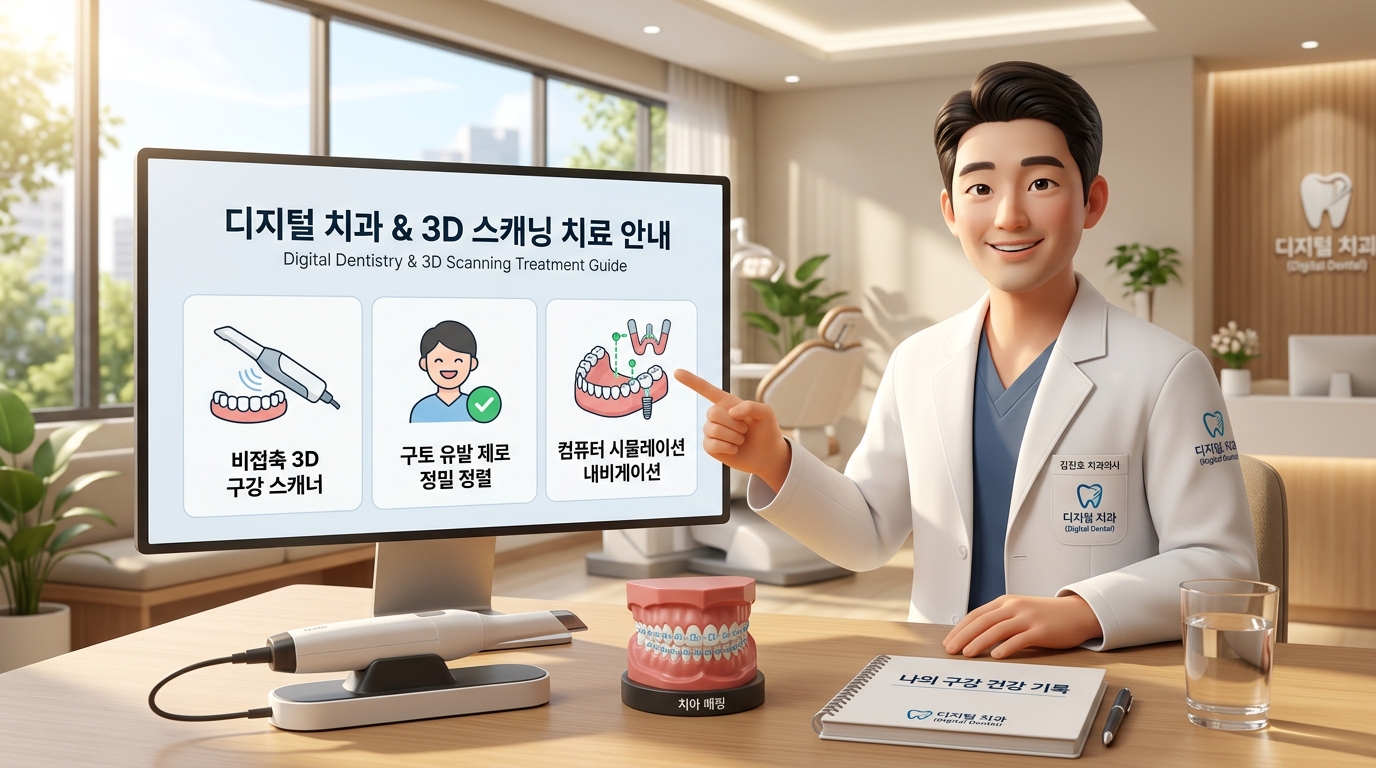 청정하고 세련된 분위기의 대학병원 보철과 진료실에서 보건 의학 전문가 선생님이 대형 인포그래픽 모니터를 가리키며 전통 인상재 남용이 유발하는 구토 반사 및 보철 미세 오차 누출 생리학적 메커니즘을 조목조목 설명하고, 디지털 덴티스트리 관리 수칙과 3D 스캔과 디지털 치과 치료로 더 아프지 않게 관리받는 방법에 대한 정답으로 비접촉 3D 구강 스캐너 활용, 네비게이션 모의 수술 및 철저한 완충 위생 행동 수칙을 환자에게 다정하게 안내해 주는 현대적이고 깔끔한 3D 렌더링 이미지.