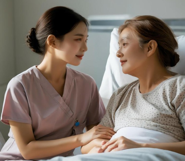 호스피스 현장에서 말기 환자에게 위로의 손길을 전하는 호스피스보조활동인력 모습