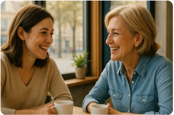 햇살이 드는 카페 창가에서 두 사람이 미소 지으며 대화하는 따뜻한 장면