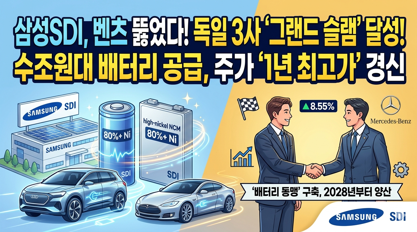삼성SDI가 메르세데스-벤츠에 배터리를 공급하는 것을 상징하는 블로그 썸네일. 상단에는 '삼성SDI, 벤츠 뚫었다! 독일 3사 '그랜드 슬램' 달성!'이라는 대형 한글 텍스트와 함께 '수조원대 배터리 공급, 주가 '1년 최고가' 경신' 텍스트가 삽입되어 있다. 이미지 왼쪽에는 삼성SDI의 대형 하이니켈 NCM 각형 배터리와 '80%+ Ni' 표시가 있으며, 그 뒤로 벤츠의 삼각별 로고가 보인다. 오른쪽에는 이재용 삼성전자 회장이 벤츠 경영진과 악수하는 일러스트와 함께 벤츠의 차세대 전기차 플랫폼(MMA) 이미지가 있다. 배경은 삼성SDI의 헝가리 공장과 'SAM SUNG SDI' 로고가 새겨져 있다.