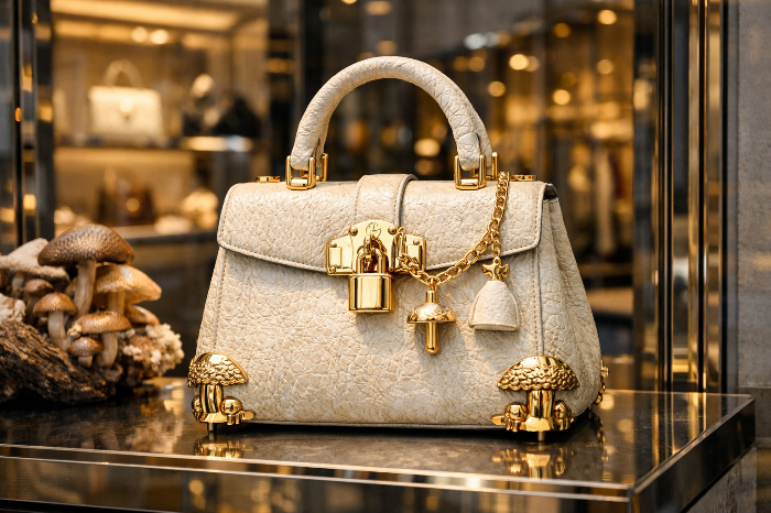 버섯 균사체 가죽으로 제작된 명품 핸드백의 세부적인 질감과 금속 장식의 조화