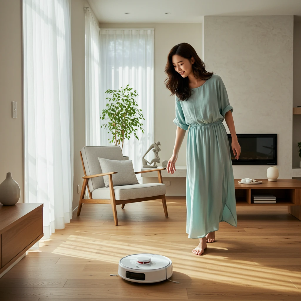 로봇청소기-사용하는-흐뭇하게 보고 있는 여자