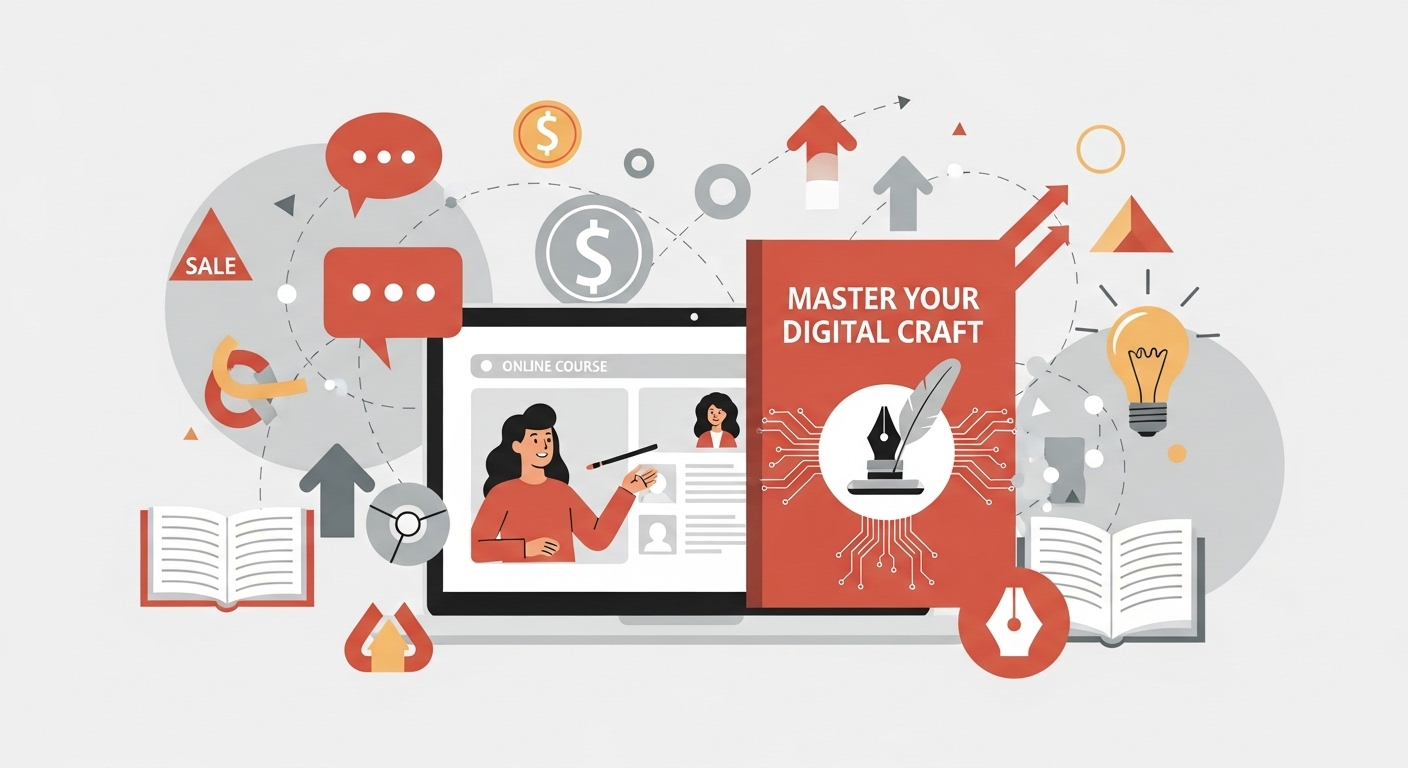 온라인 강의와 전자책 판매로 디지털 콘텐츠 수입을 얻는 모습.