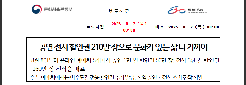 8월8일부터! 공연·전시 할인권 완벽가이드 (출처 : 문화체육관공부)