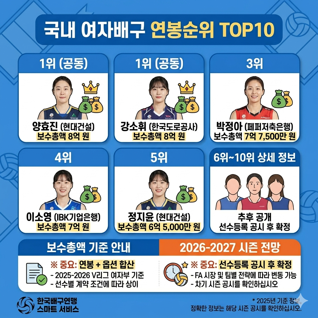 국내 여자배구 연봉순위 인포그래픽