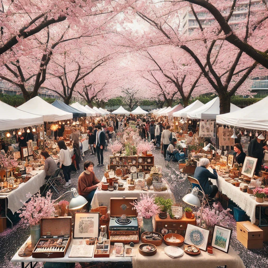 2025대청호벚꽃 가로수길 양쪽에 늘어선 플리마켓 부스&amp;#44; &amp;#44; 활기찬 대청호 벚꽃 플리마켓 을 즐기는 사람들 