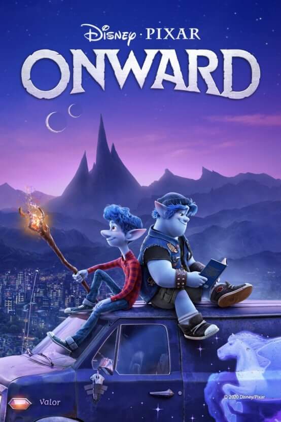 Onward : 공식포스터로 마법 지팡이 든 형제가 밴 위에 앉음.