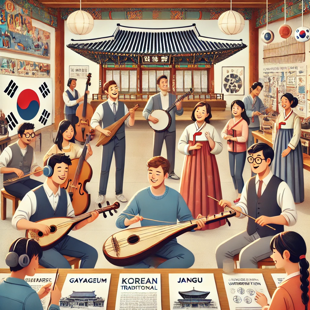 한국음악을 외국인에게 설명하는 그림