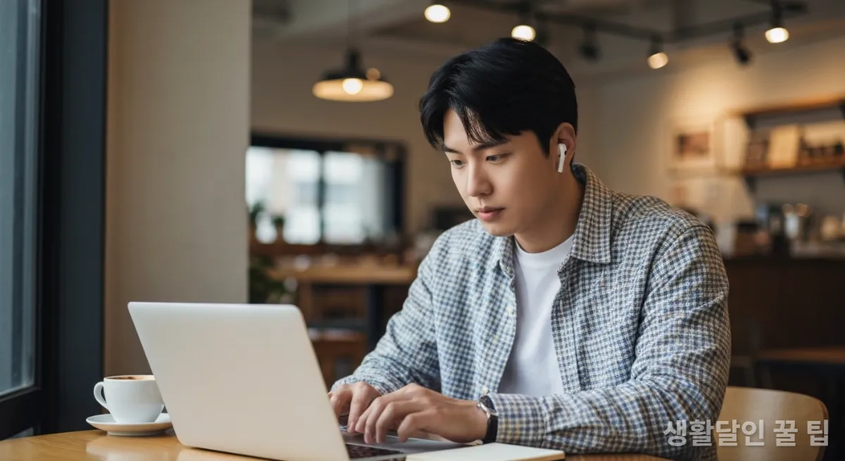 카페에서 무선 이어폰을 끼고 노트북에 집중하는 젊은 한국 남성
