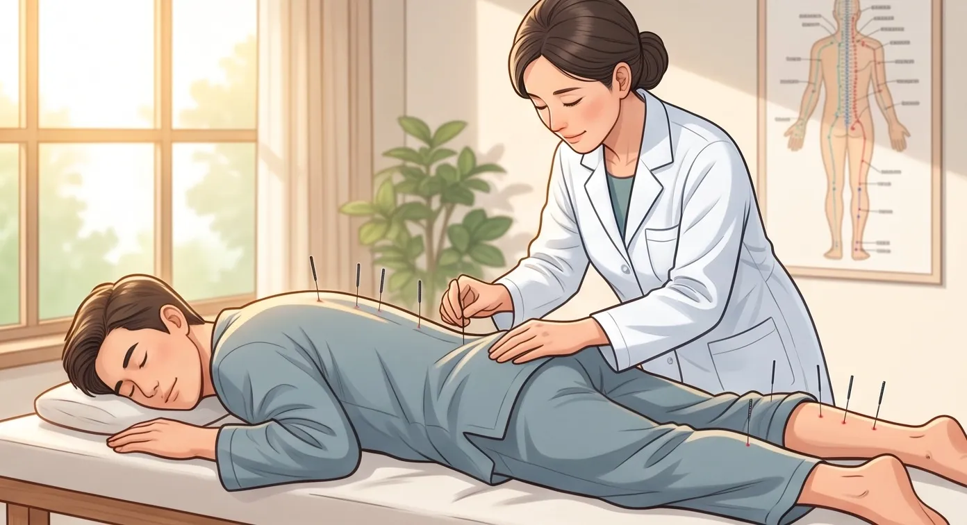한의원에서 환자의 허리와 다리에 침을 놓아 시술하는 한의사