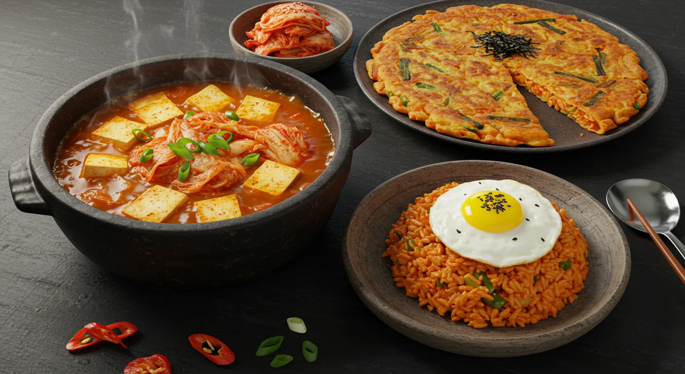 김치찌개, 김치전, 김치볶음밥 등 발효 김치로 만든 다양하고 먹음직스러운 한식 요리들.
