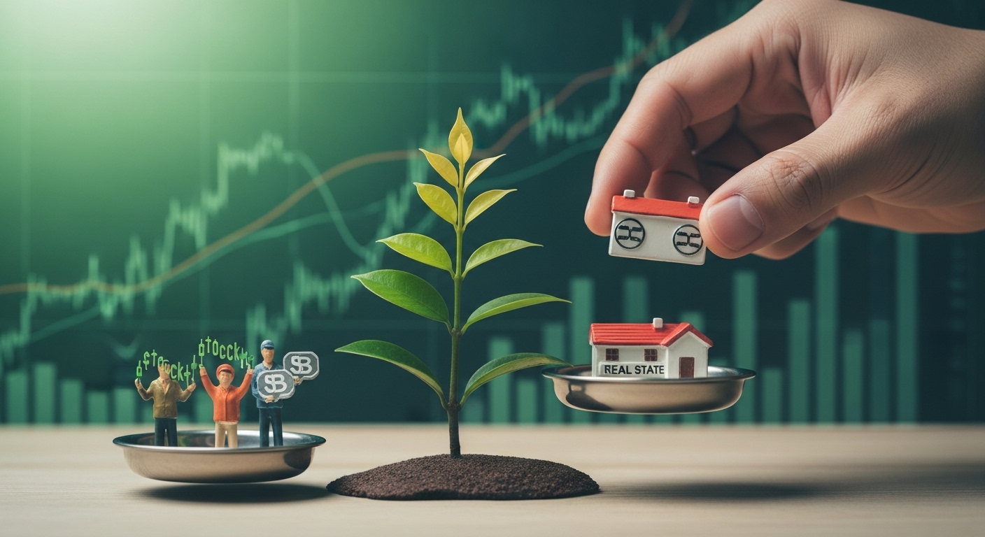 주식, 채권, 부동산 등 다양한 자산군에 걸쳐 투자 전략을 세우는 모습을 상징하는 이미지.