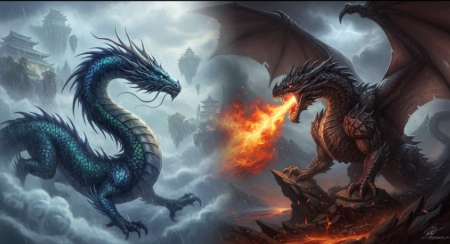 신성한 동양의 용과 위협적인 서양의 드래곤 비교 일러스트