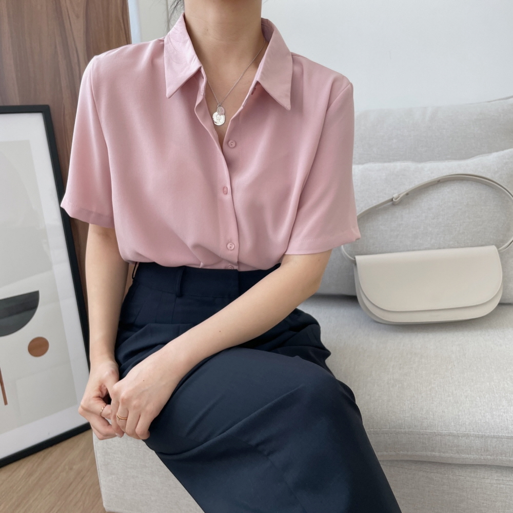 여자 여름 링클프리 구김없는 면접 소라색 반팔 블라우스 셔츠