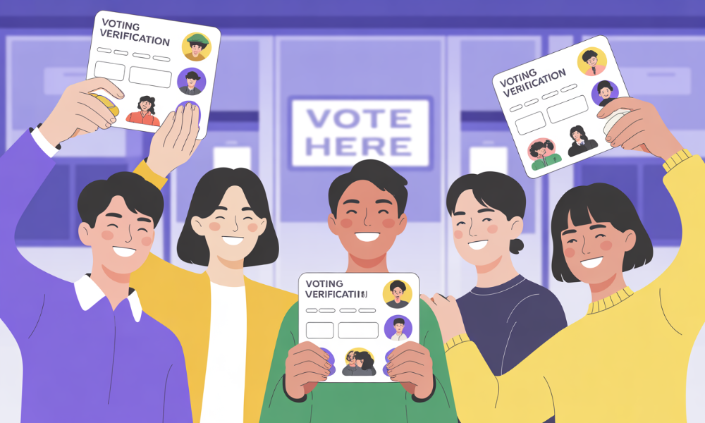 2025년 제21대 대통령선거 투표인증종이를 들고 기쁘게 포즈를 취하는 MZ세대 유권자들의 모습. 밝은 보라색과 노란색이 강조된 현대적인 일러스트로 투표 참여의 활기찬 분위기를 표현.