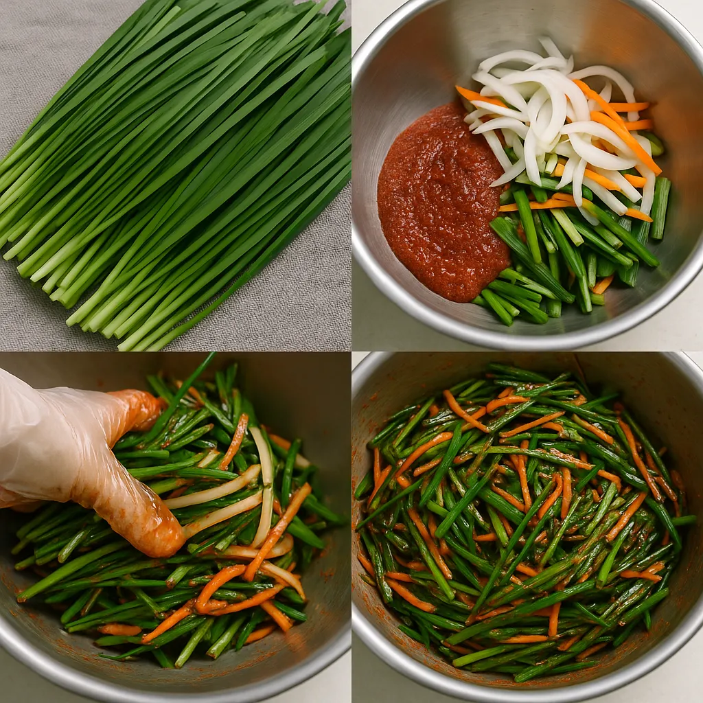 부추김치 만드는 과정을 4단계로 나눈 실제 사진