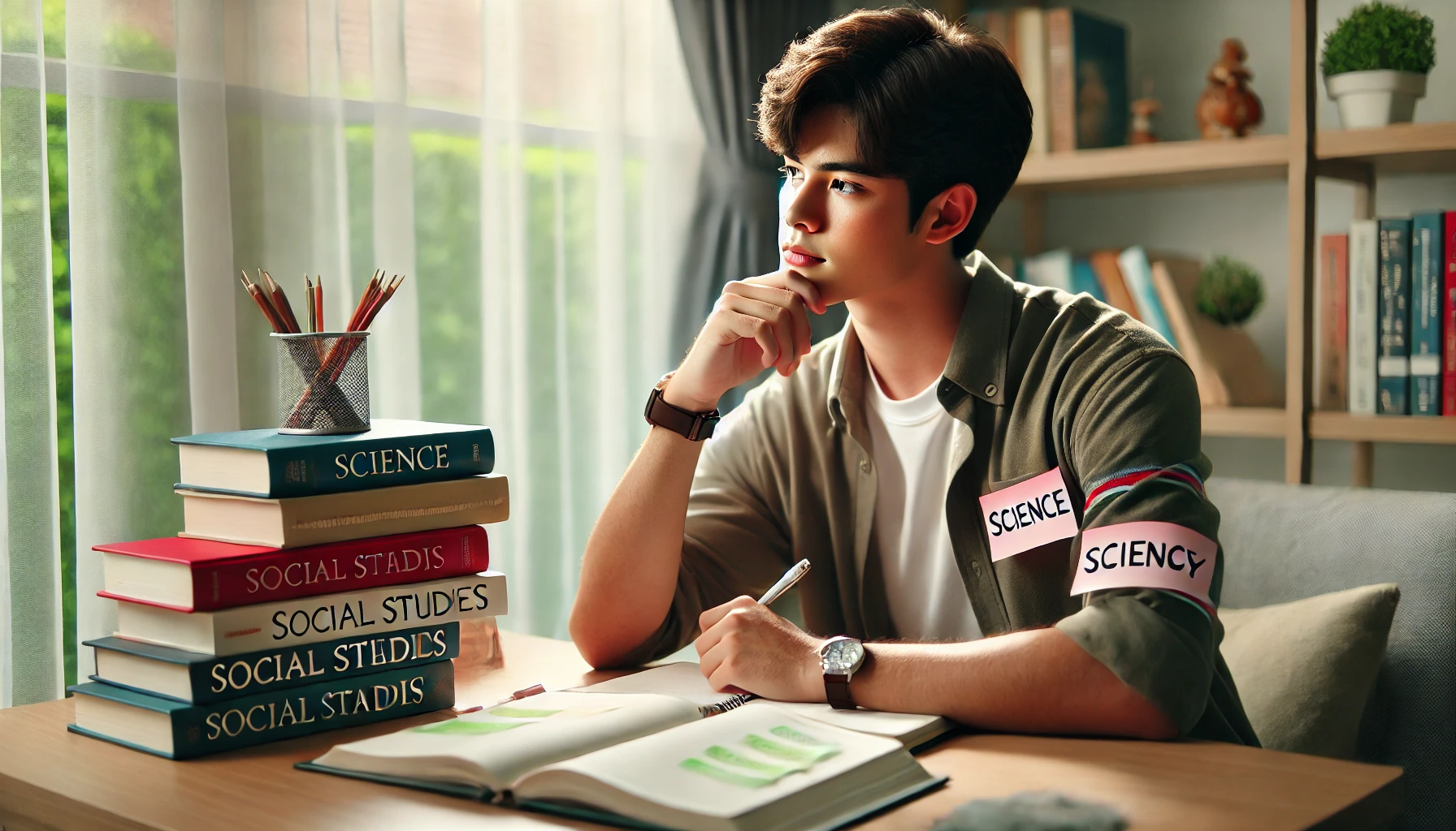 학생이 탐구영역 선택을 고민하는 모습을 담고 있는 이미지