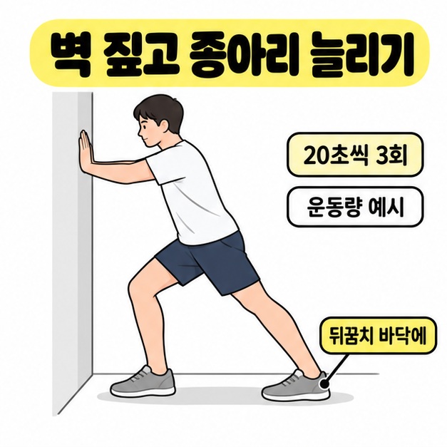 벽을 짚고 앞무릎을 굽힌 채 뒷다리를 펴며 뒤꿈치를 바닥에 붙이는 자세와 20초씩 3회 운동량 예시