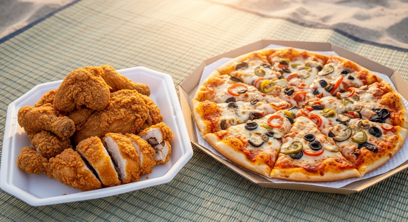 Delicious delivery food, chicken and pizza, set up on a beach mat.